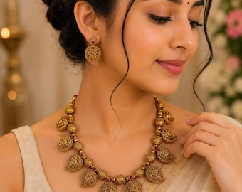 Temple Choker Necklace Set, Antique Gold Jewelry, Lakshmi Bridal Jewelry, South Indian Wedding Jewellery