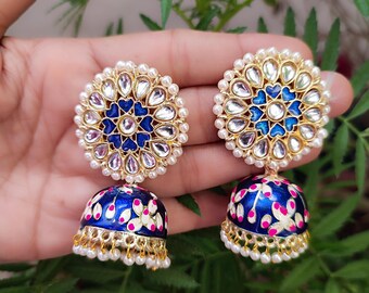 Hand Painted Kundan Jhumki Earrings: Bridal Jewelry