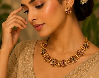 Antique Gold Temple Jewelry Set,  Necklace, Jhumka Earrings