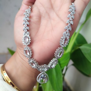 American Diamond Choker Necklace Set: Silver Finish CZ Indian Jewelry