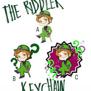 Könnte beinhalten: Design für einen Schlüsselanhänger mit der Figur des Riddlers. Der Entwurf zeigt den Riddler in einem grünen Anzug und Hut, mit Fragezeichen. Der Text "THE RIDDLER KEYCHAIN" ist ebenfalls vorhanden.