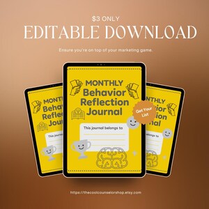 May include: Three digital tablets showing a yellow journal cover with the text "MONTHLY Behavior Reflection Journal." The cover features illustrations of a brain, a trophy, and a hand holding cards. The text "This journal belongs to" is also visible.