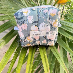 Handmade Quilted Boxy Pouch - Sage with Pink Roses, Roselani -  for makeup, toiletries, cosmetics