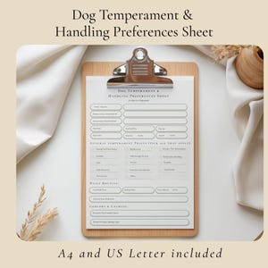 Printable Dog Temperament and Handling Preferences Sheet | Pet Care Stationery | A4 & US Letter PDF