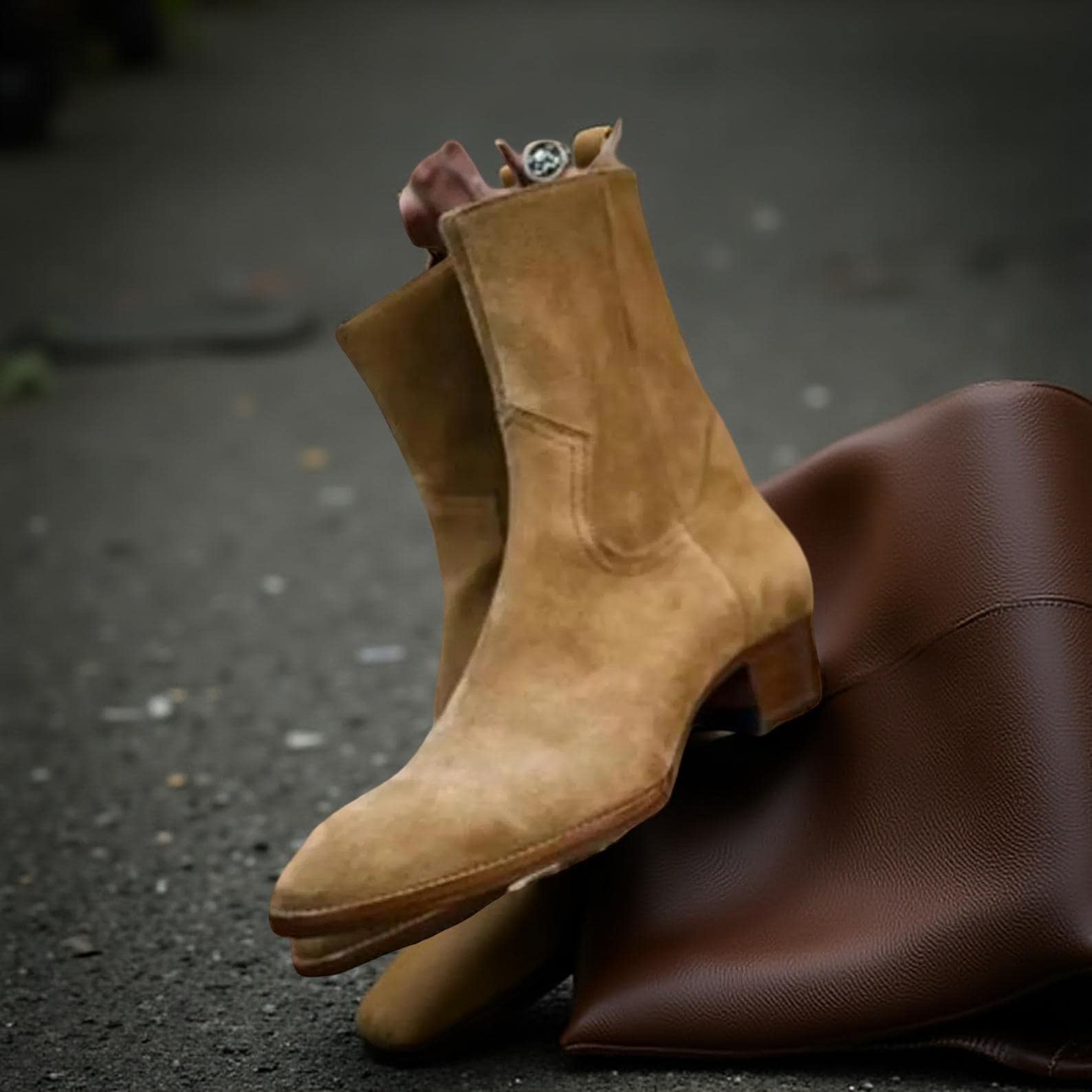 Handmade Men Beige Suede Dress Boots, Formal Western Zipper  display picture 1