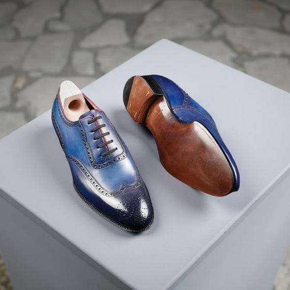 Bespoke Men's Handmade Blue Leather Oxford Wingtip Brogue Lace up Dress  Shoe Men - Etsy Israel