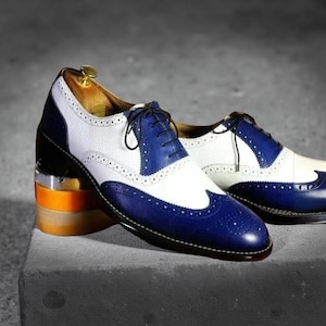 Handmade Men&#39;s White & Blue Wingtip Brogue Shoes– Premium Cowhide Leather Lace-Up Dress Shoes
