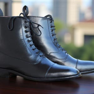 Hand-Stitched Black Leather Ankle Boots: Cap Toe Formal Dress Boots