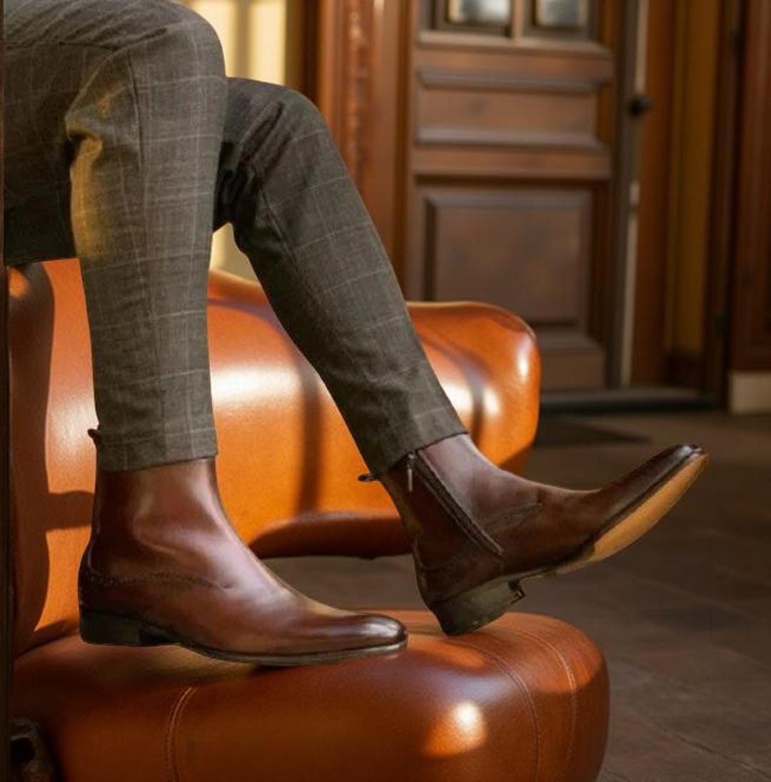 ハンドメイドブラウンレザーサイドジッパーバイカーブーツ（メンズ