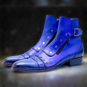 Handmade Men&#39;s Genuine Leather Blue Buckle Side Zip Ankle Boots For Men, Leather Dress Ankle Boots, Personalized Gift, Christmas Gift