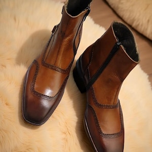 Men&#39;s Real Cow Leather Ankle Boots, Slip on Buckle Strap Wing Tip Luxury Design Classic Dress Boots Handmade Basic Shoes for Men