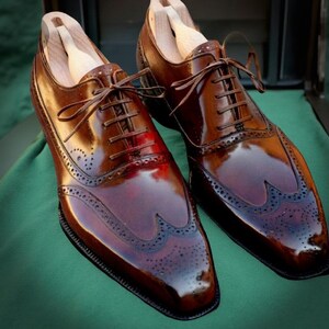 Handmade Leather Oxford Brown Wingtip Brogue Lace Up Formal Dress Shoes For Men