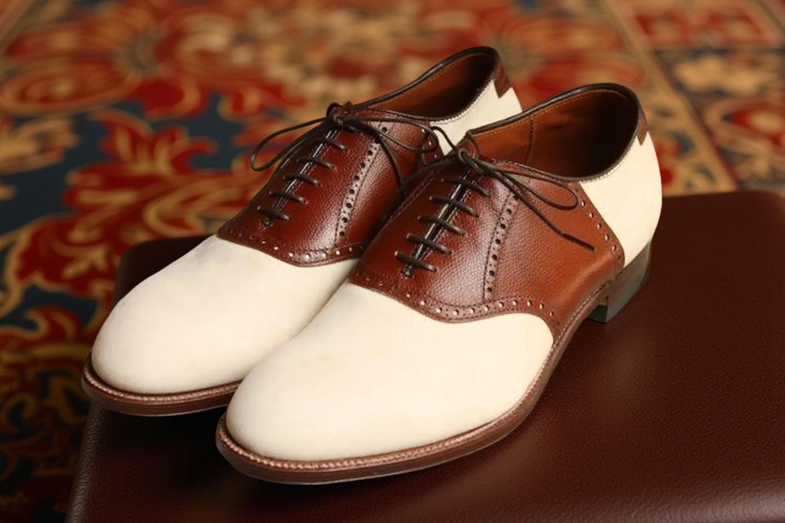 Handmade Leather Saddle Oxford Shoes: Vintage Brown & White Dress Shoes -  Etsy Israel