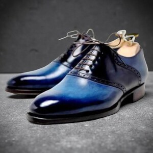 Men&#39;s Handmade Blue & Black Leather Whole cut Lace Up Oxford Formal Dress Shoes, Wedding Shoes For Men