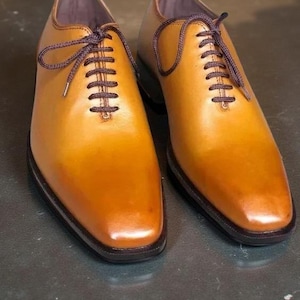 Handmade Men&#39;s Tan Color Leather Oxford Whole-Cut Lace Up Dress Casual Shoes Men