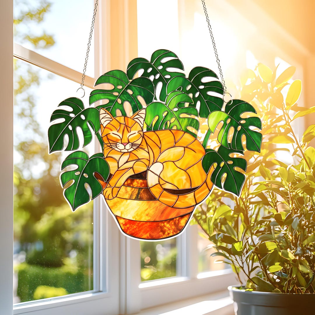 Orange Cat Monstera Suncatcher: Fade Resistant Acrylic Window Hanging ...
