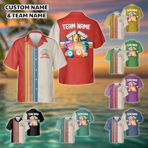 May include: A collection of short-sleeved button-down shirts with a bowling shirt design. The shirts feature a variety of colors, including red, black, green, and blue. The shirts have a vertical stripe design and the text "CUSTOM NAME & TEAM NAME" and "YOUR NAME".