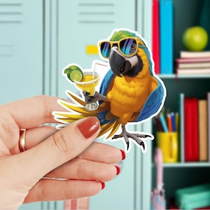 1Pcs Funny Parrot with Margarita Sticker, Cool Tropical Bird with Sunglasses Vinyl Decal Waterproof, Gift for Summer Lovers and Party Fans