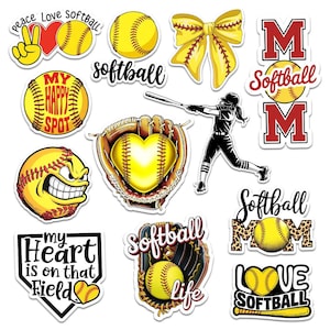 May include: A collection of softball-themed stickers featuring yellow softballs, a bow, a batter, and text like "Softball Mom" and "Love Softball." The stickers have a variety of designs, including hearts and a glove.