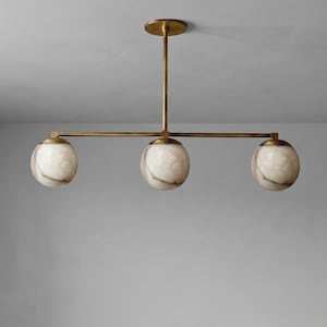 Luxury Handmade Alabaster Globe Chandelier | Modern Brass 3 Light Linear Pendant | Ceiling Light Fixture