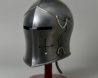Medieval Barbute Helmet Solid Steel | Wearable Knight Armor | Handmade Renaissance Collectible with Stand