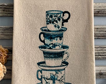 Flour sack towel Vintage floral wildflower image flower market French blue and white tea cups