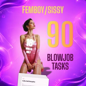 Könnte beinhalten: Eine digitale Grafik mit einer Person in einem rosa Outfit, dem Text FEMBOY/SISSY, 90 BLOWJOB TASKS, 18+ ADULTS ONLY und einem Dokument mit dem Titel Collar Bell Discipline vor einem leuchtend violetten Hintergrund mit wirbelnden Lichteffekten.