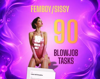 Może przedstawiać: Cyfrowa grafika przedstawiająca osobę w różowym stroju z napisem FEMBOY/SISSY, 90 BLOWJOB TASKS, 18+ ADULTS ONLY oraz dokumentem zatytułowanym Collar Bell Discipline, na tle żywego fioletowego tła z wirującymi efektami świetlnymi.