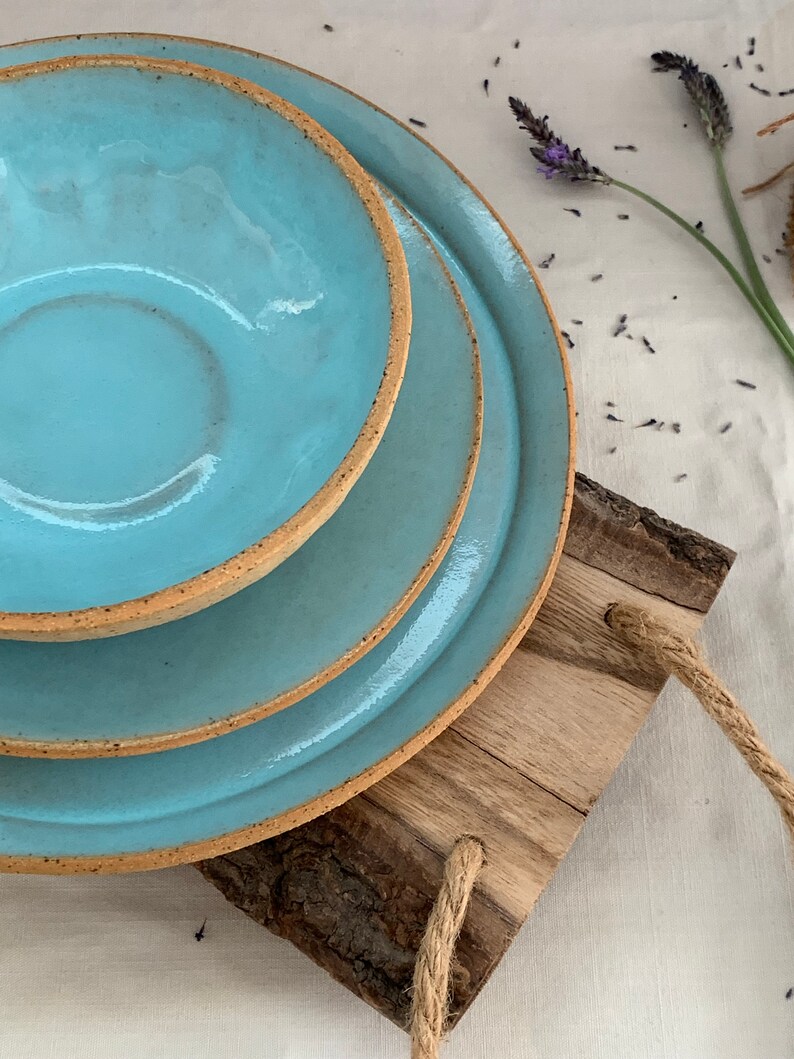 Farmhouse Dinnerware Set Rustic Handmade Ceramic Set of Light Blue