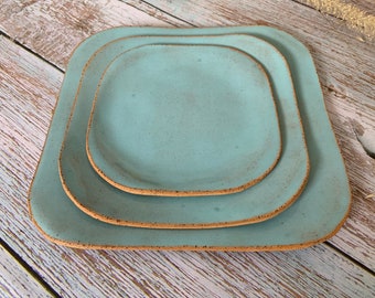 Farmhouse Dinnerware Set, Rustic Handmade Ceramic Set of 3 Plates,  Dinner Set