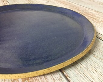 Blue Round Serving Platter, Ceramic Serving Tray, Handmade Pottery Large Plate for Cake, Desserts, Cheese, Cut Vegetables - 10.5"