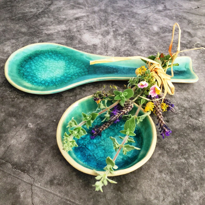Handmade Pottery Spoon Rest Turquoise Ceramic Spoon Holder Etsy