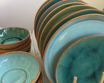 Dinnerware Set, Handmade Stoneware Ceramic Pottery Plate and Bowl Set in Blue and Green, Place Setting of 3 Dishes - Unique New Home Gift