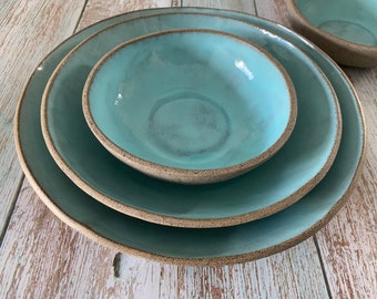 Ceramic Serving Bowl Set of 4, Ceramic Bowls Handmade Pottery, Unique Gift for Mom - Gray & Light Blue - 11", 9.25", 6.7" (2)