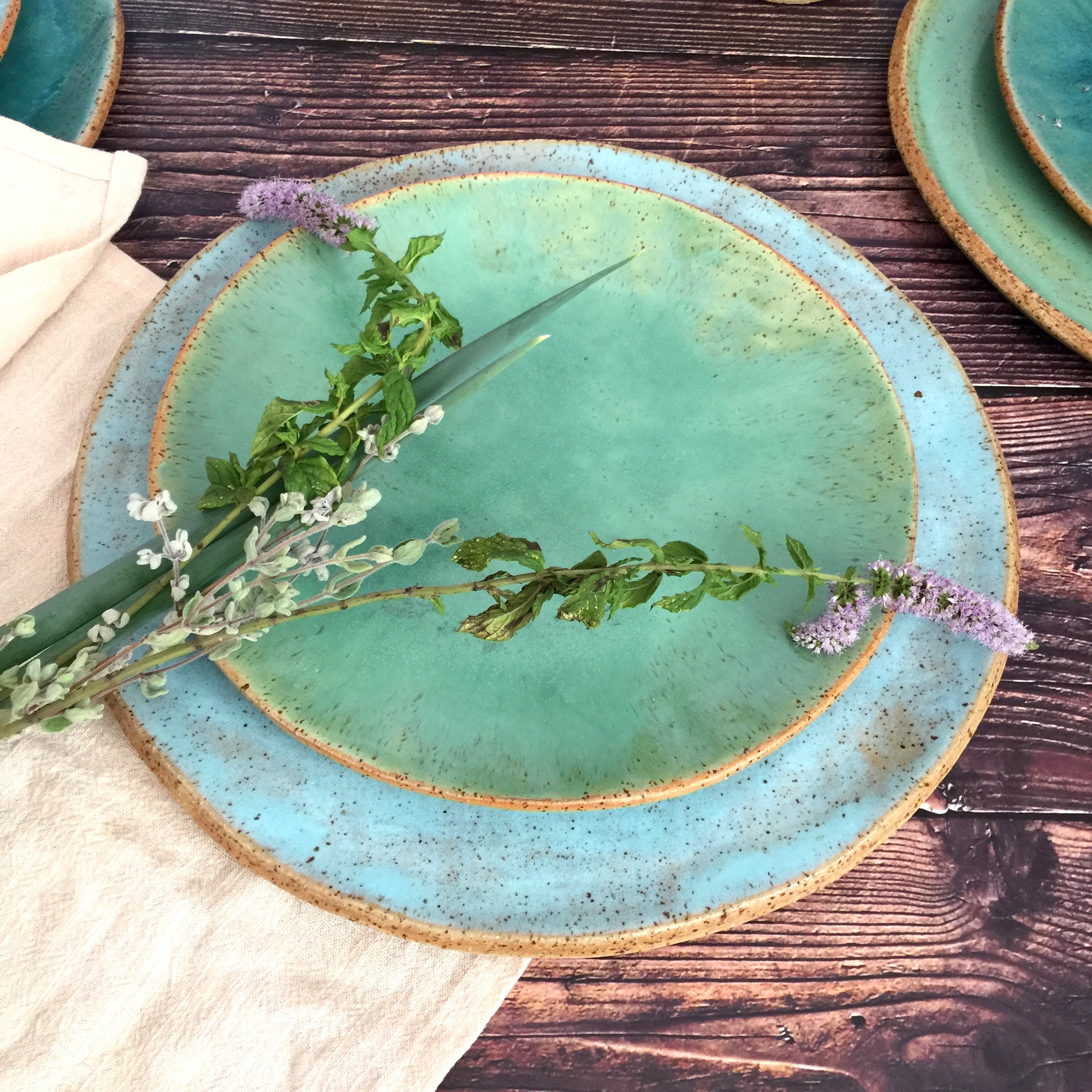 Blue Stoneware Dinnerware Set Set of 2 Stoneware Plates Etsy