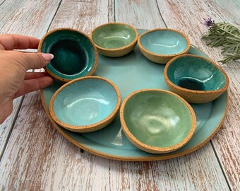 Serving Dish Set, Round Ceramic Platter and 6 Small Pinch Bowls, 7 Dishes Breakfast Tray, Snack Plate, Seder Plate, Gift for the Home