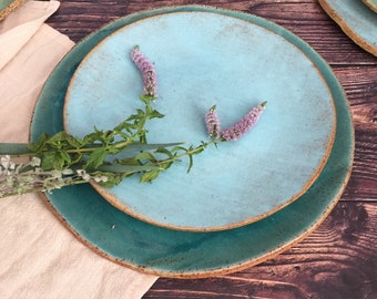 Stoneware Dinnerware Set, Ceramic Plate Set of 2, Large Dinner Plate and Salad Plate, Handmade Pottery Unique Gift