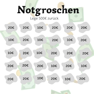 Könnte beinhalten: Eine weiße Sparübersicht mit dem deutschen Wort "Notgroschen" oben und dem Text "Lege 500€ zurück" darunter. Die Übersicht hat Felder für 20€- und 10€-Beträge, mit Geldillustrationen.
