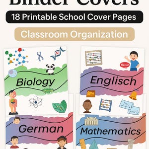 May include: Printable binder covers for school subjects, featuring Biology, English, German, and Mathematics. The covers have colorful backgrounds and illustrations related to each subject. Text includes "A-Z Subject Binder Covers" and "Instant Download."