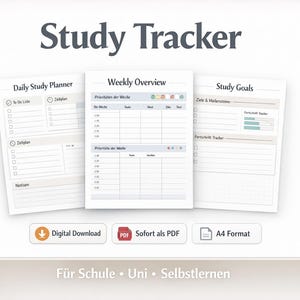 Könnte beinhalten: Ein weißer Study Tracker mit dem Titel "Study Tracker" oben. Das Bild zeigt drei verschiedene Planerseiten: einen täglichen Studienplaner, eine Wochenübersicht und Studienziele. Das Bild enthält auch den Text "Digital Download", "PDF" und "A4 Format".