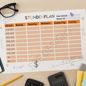 May include: A school timetable with a grid layout, showing time slots and days of the week. The timetable is surrounded by a calculator, glasses, a notebook, and a pencil. The text "STUNDENPLAN" is visible.