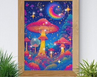 Psychedelic Mushroom Rainbow Crescent Digital Art Print