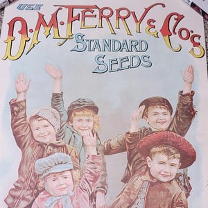 May include: Vintage advertisement for O.M. Ferry & Co.'s Standard Seeds. The illustration features six children waving, dressed in period clothing. The text at the top reads "O.M. Ferry & Co.'s Standard Seeds" in a decorative font, with a light blue background.