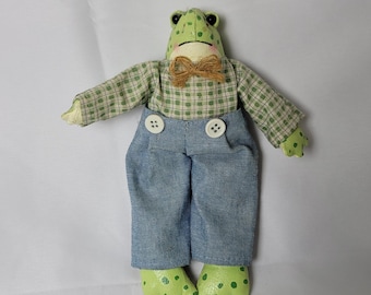 Vintage Hand Painted Frog Doll Cloth Body Denim Overalls Gingham Shirt Jute Bow Tie Farmhouse Folk Art Decor