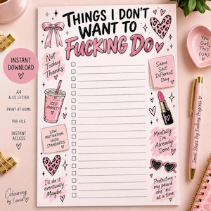 Könnte beinhalten: Eine weiße Papier-Checkliste mit der Überschrift Things I Don't Want To Fucking Do in schwarzer und rosa Schrift. Die Liste enthält rosa Illustrationen wie eine Schleife, Leopardenherzen, einen Eiskaffee, einen Lippenstift und eine Sonnenbrille.