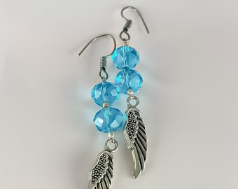 Blue Crystal and Angel Wing Earrings