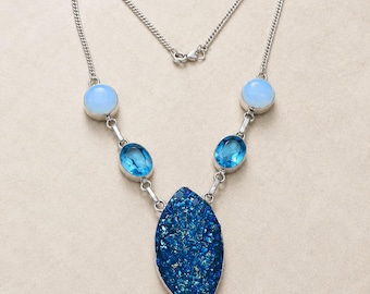 Blue Opal Pendant Necklace with Multi Gemstones, Handmade Silver Chain Statement Necklace, Boho Crystal Jewelry Gift for Her