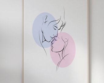 Romantisches Paar Line Art – Minimalistische One Line Love Illustration – Zart rosa und blaue druckbare Wandkunst