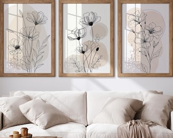 Set Of 3 Prints:  Minimalist Floral Line Art Prints Botanical Wall Decor (Digital Download)