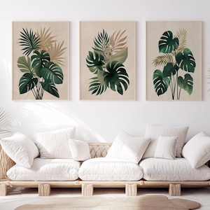3er-Set Prints: Tropische Monstera – botanische Wandkunst – minimalistisches Grün – modernes Pflanzenblatt-Poster